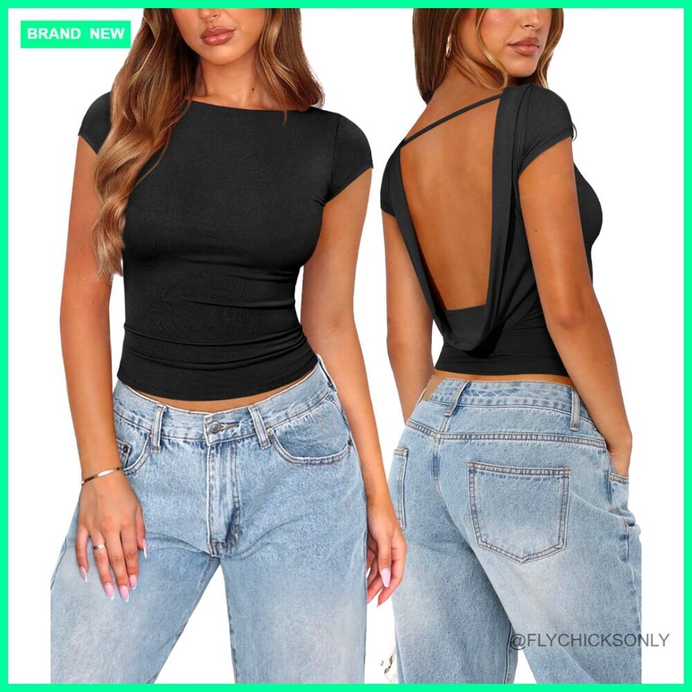 Open Back Cowl Neck Crop Top, Stretch Knit, Cap Sleeve, Y2K Going Out Shirt